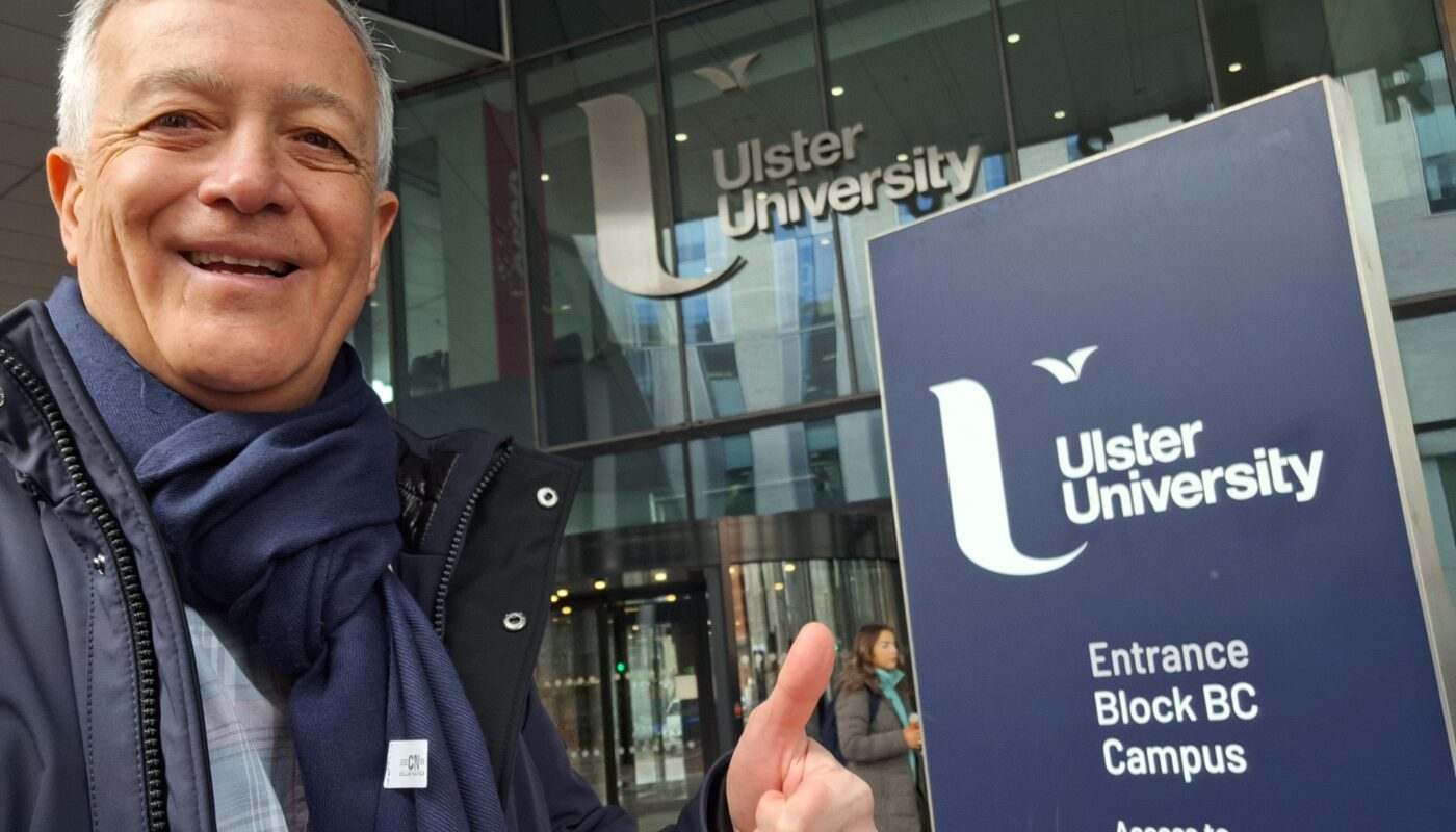 Me at the entrance to Ulster University, Belfast Campus