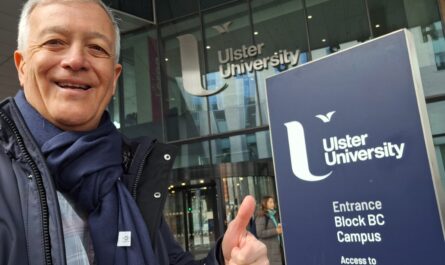 Me at the entrance to Ulster University, Belfast Campus